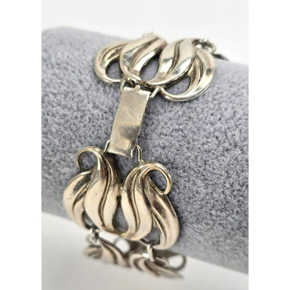 Vintage Bracelet Sterling Silver Wide Wave Tulip Leaves Design 7.5" Wrist LI644 - Picture 8 of 9